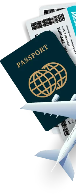 Image with passport, airplane icon, and boarding pass