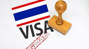 White background with 'Visa' text, 'Approved' stamp, and the Thailand flag displayed.